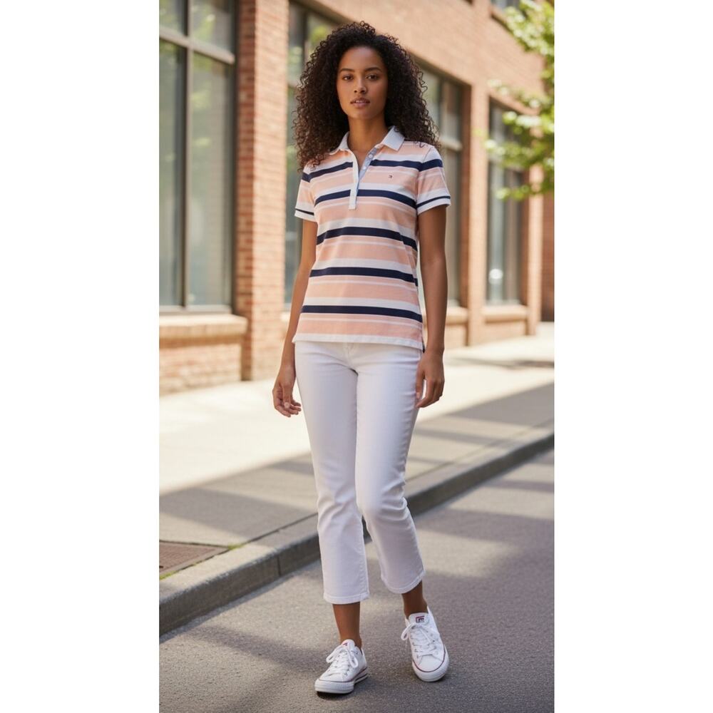 Tommy Hilfiger Womens Striped Womans Polo With Logo Denim Trim. NWOT. Size Small